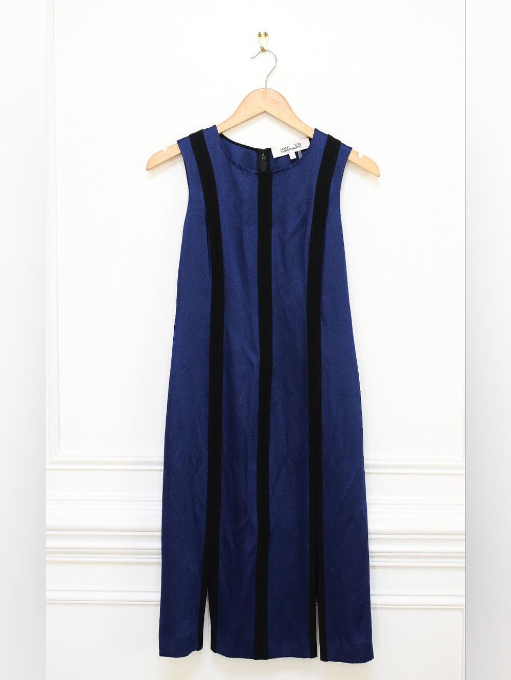 Diane Von Furstenberg Blue Black Striped Sleeveless Sheath Midi Dress Size 2 - Picture 5 of 15